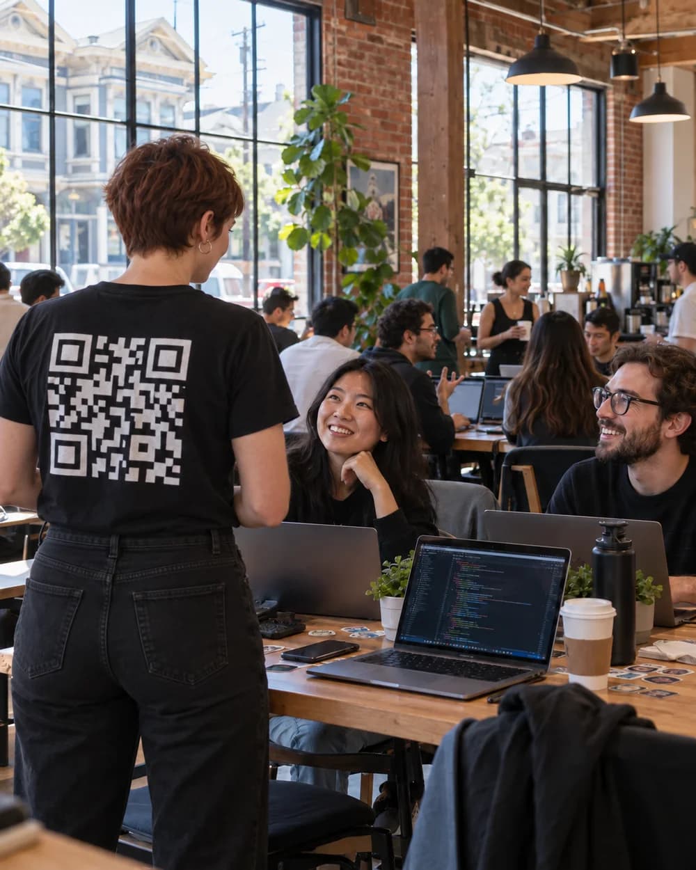 A short-haired woman in a QR shirt sharing a laptop with San Francisco builders