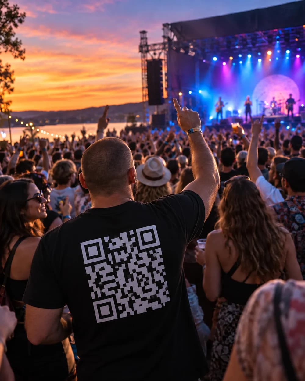 A closely shaved man in a QR shirt in a lively crowd at an outdoor music festival