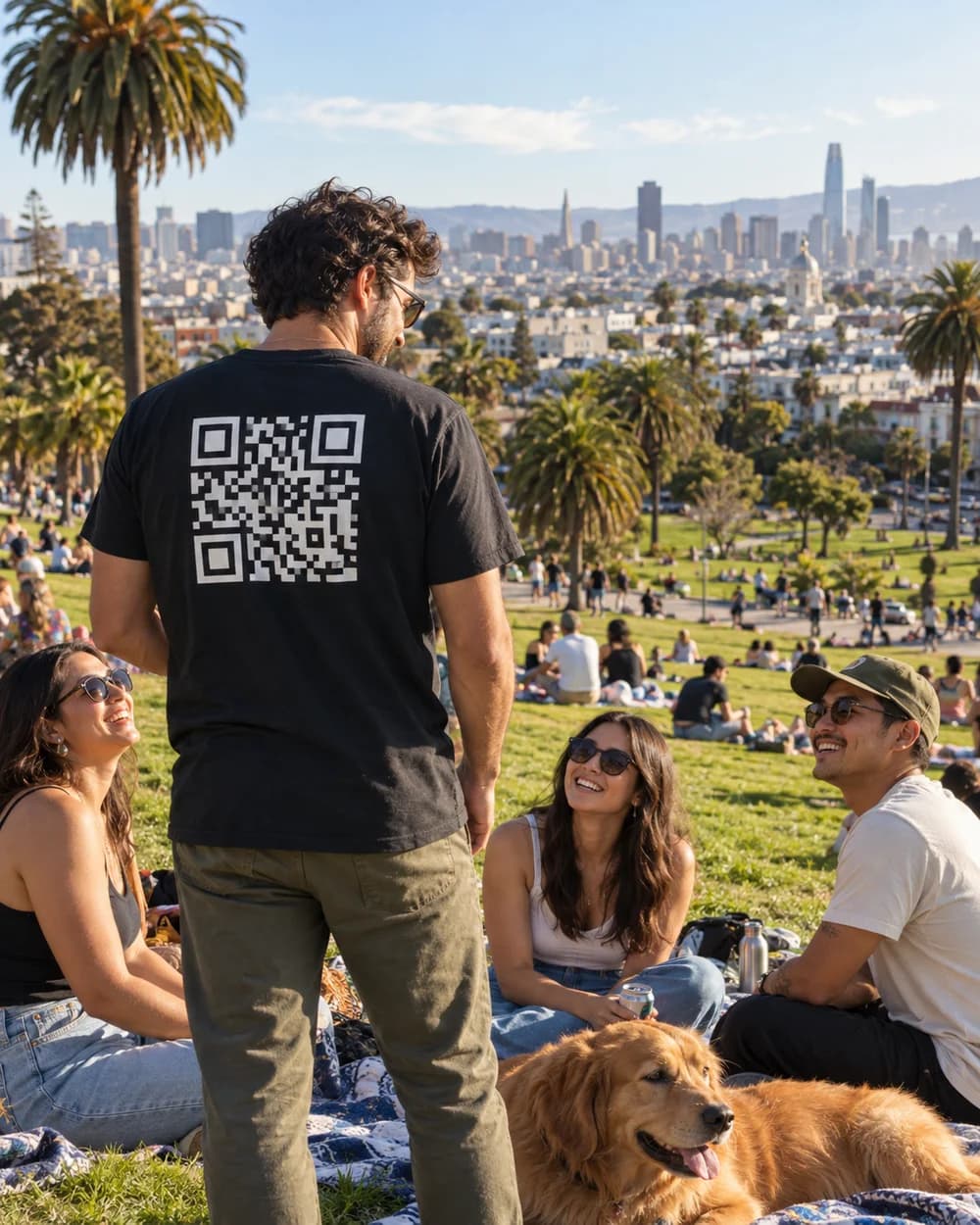 A QR-shirt wearer hanging out with friends in sunny Dolores Park, San Francisco